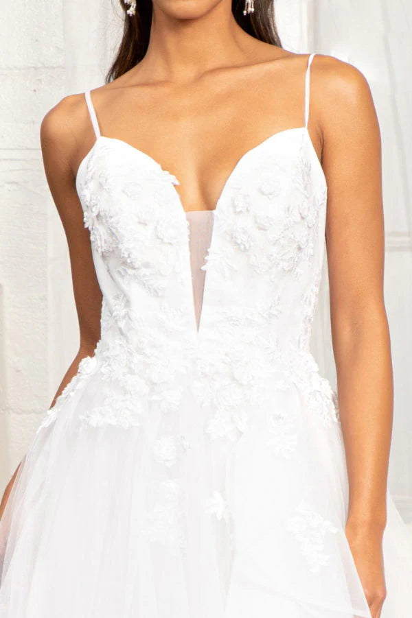 Abito da sposa lungo e profondo con scollo a V bianco e motivo floreale 3D